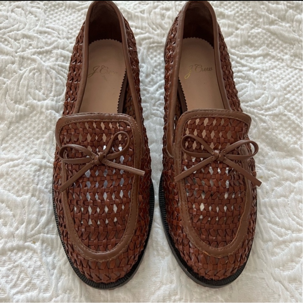 Classic woven leather loafers with bow Brown size 7 J. Crew